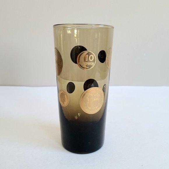 Smokey brown cocktail glass with centavos Mexican gold coins design. - Picture 1 of 8